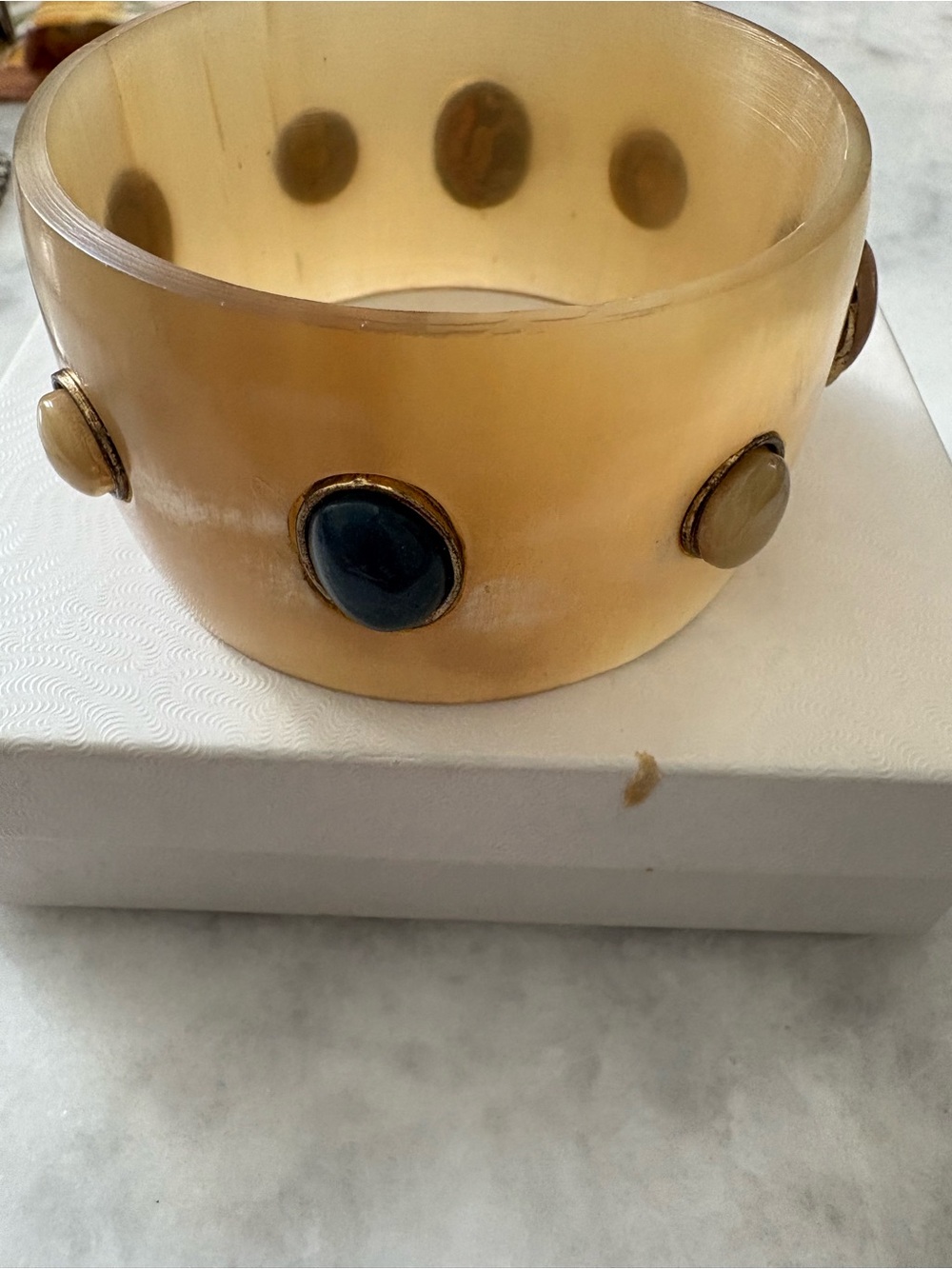 Large Vintage Horn Bangle Bracelet with Inset Multi Colored Cabochons